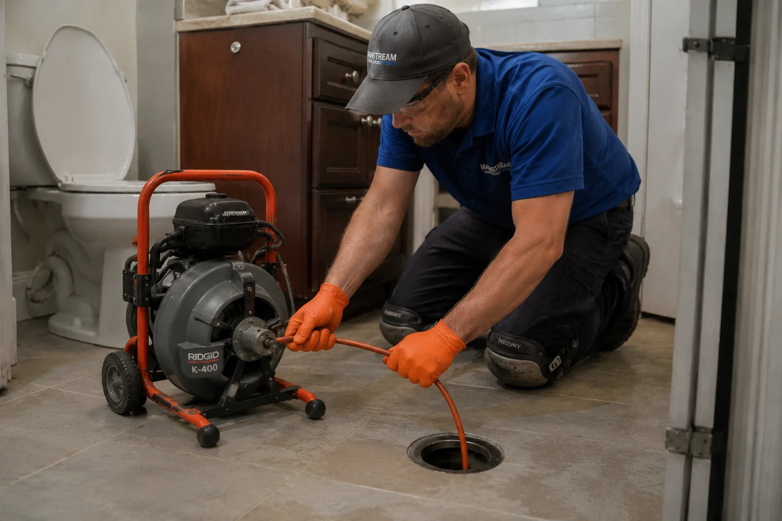 plumber performing routine drain cleaning maintenance in a Woodland CA home